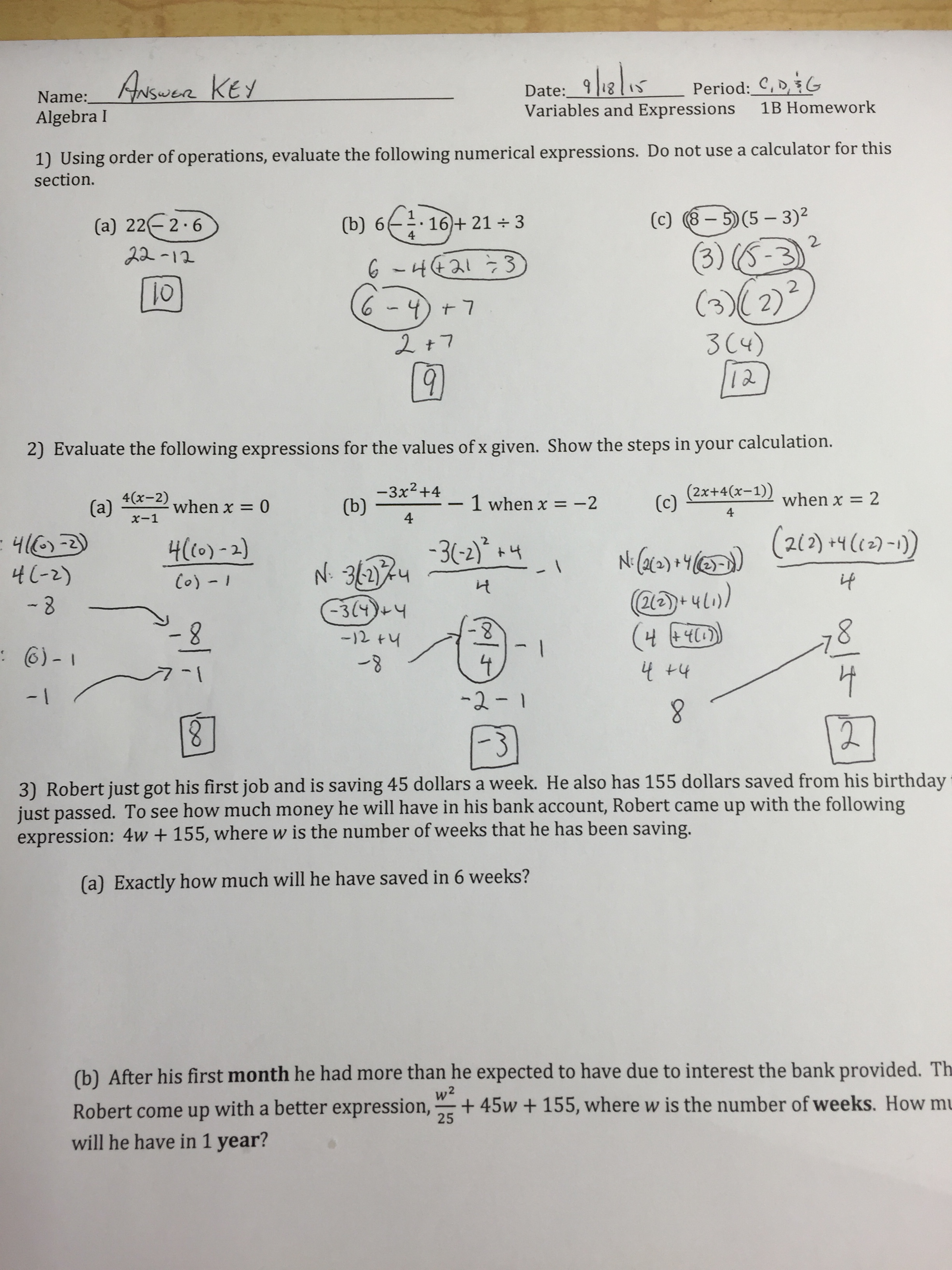 Algebra 1 Review Worksheet